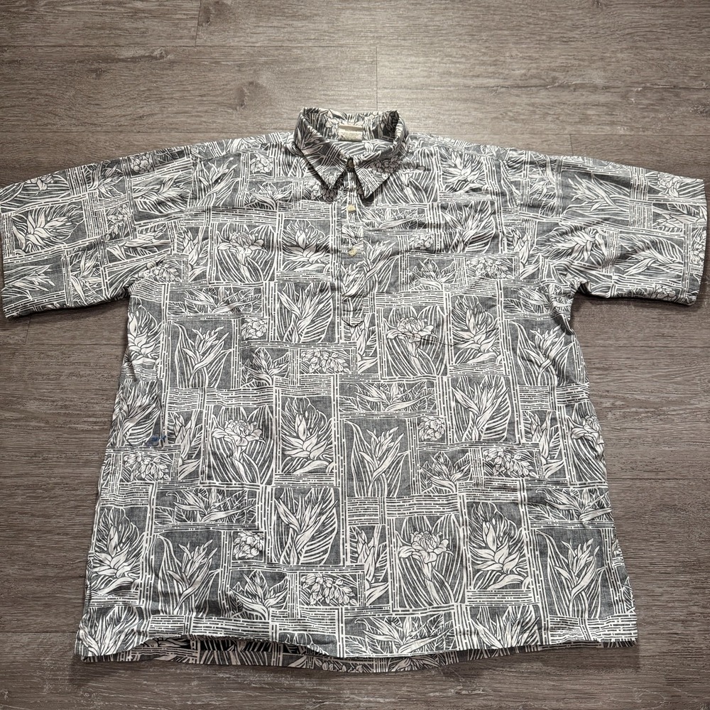 Go Barefoot Shirt Mens XL Camp Reverse Print Leaf Hawaiian Aloha Henley Floral